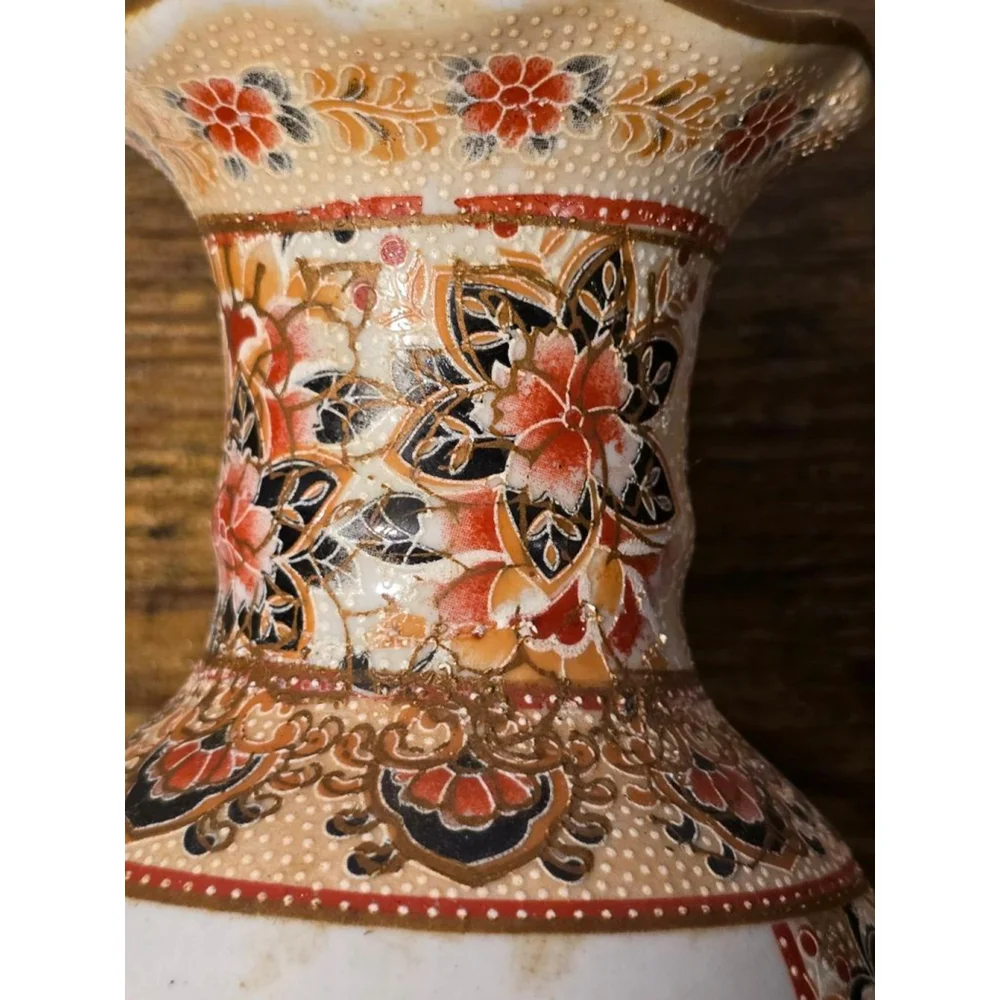 Set of 2 Vintage‎ Japanese Style Vases Tan/Red 10 inch
